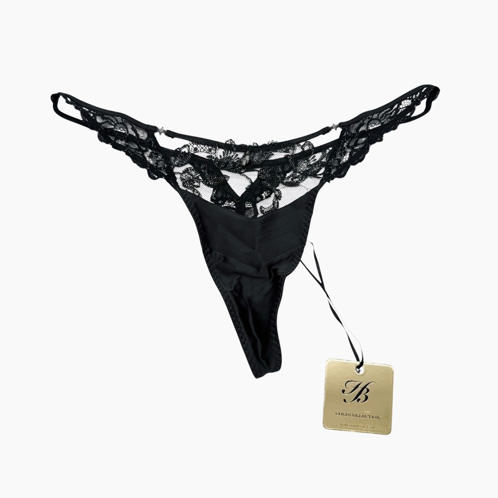 Honey Birdette Jana Thong Black Gold Collection Lace Crystal XL NEW